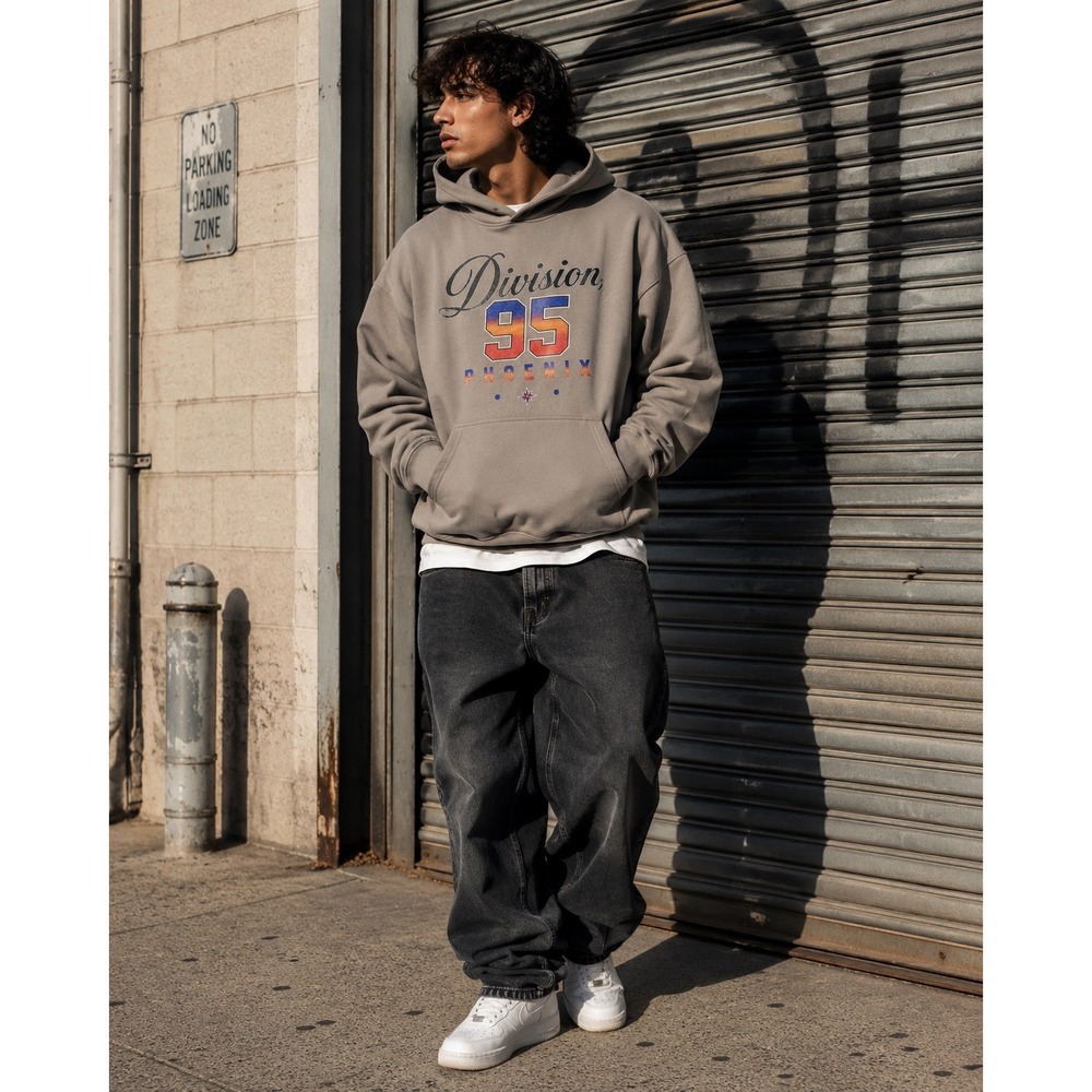 D95 Division 95 Phoenix Graphic Hoodie XL Oversized Streetwear Pullover Grey